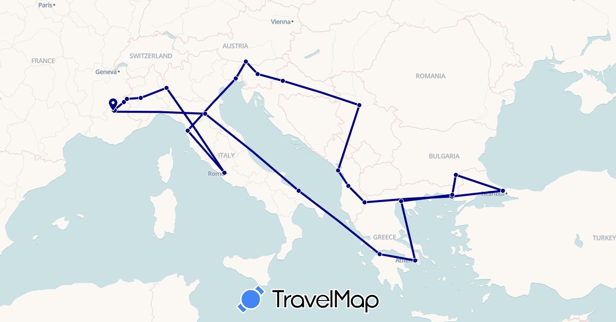 TravelMap itinerary: driving in Albania, Austria, Bulgaria, France, Greece, Croatia, Italy, Montenegro, Serbia, Slovenia, Turkey (Asia, Europe)